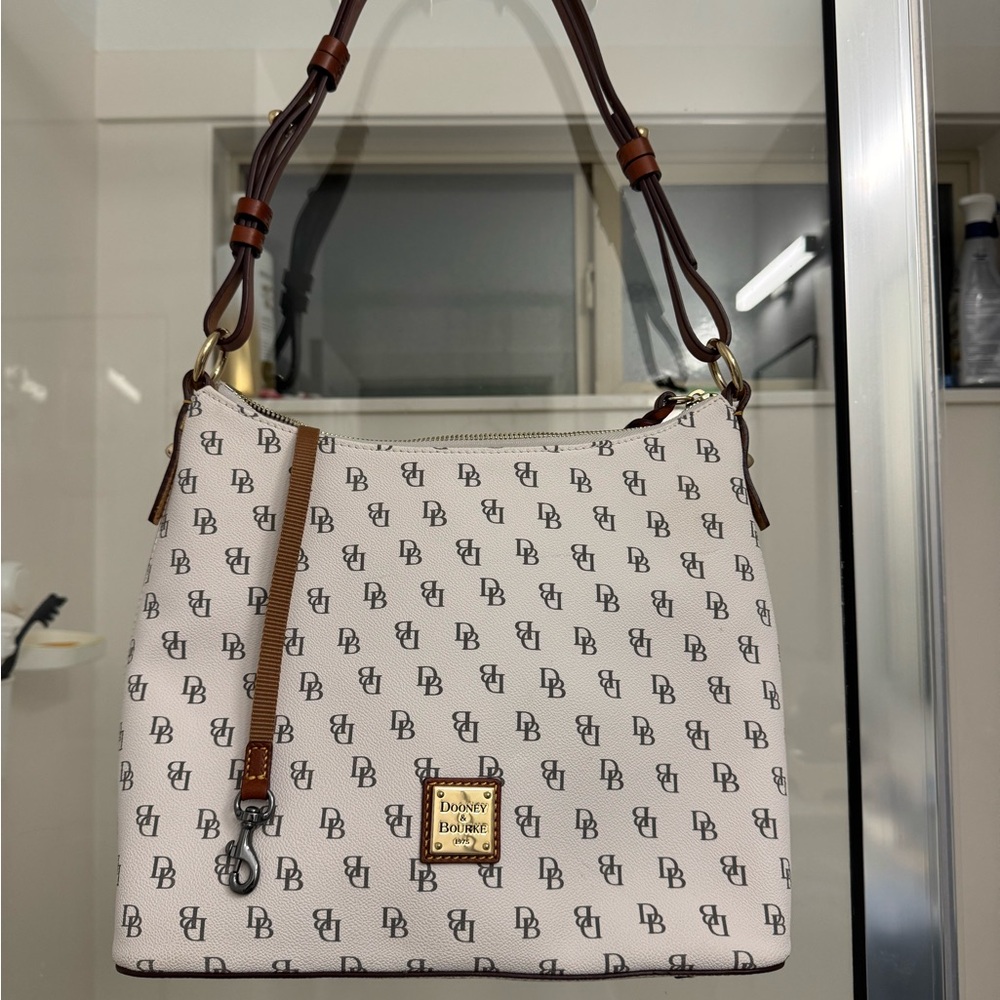 Dooney & Bourke White and Brown Logo Shoulder Bag